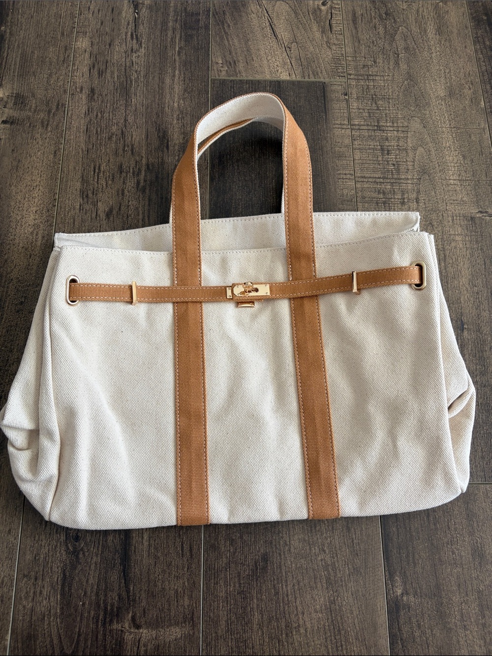 Canvas Boatkin Tote Bag with Tan Straps Trim - Neutral
